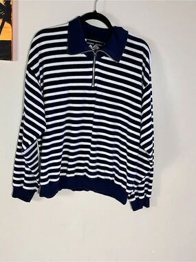 Vintage ESCADA Navy and White Striped Zip-Up Sweater